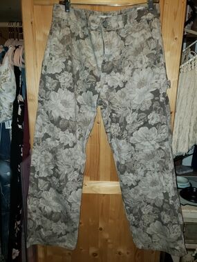 Floral Pattern Wide-Leg Jeans in Taupe & Cream
